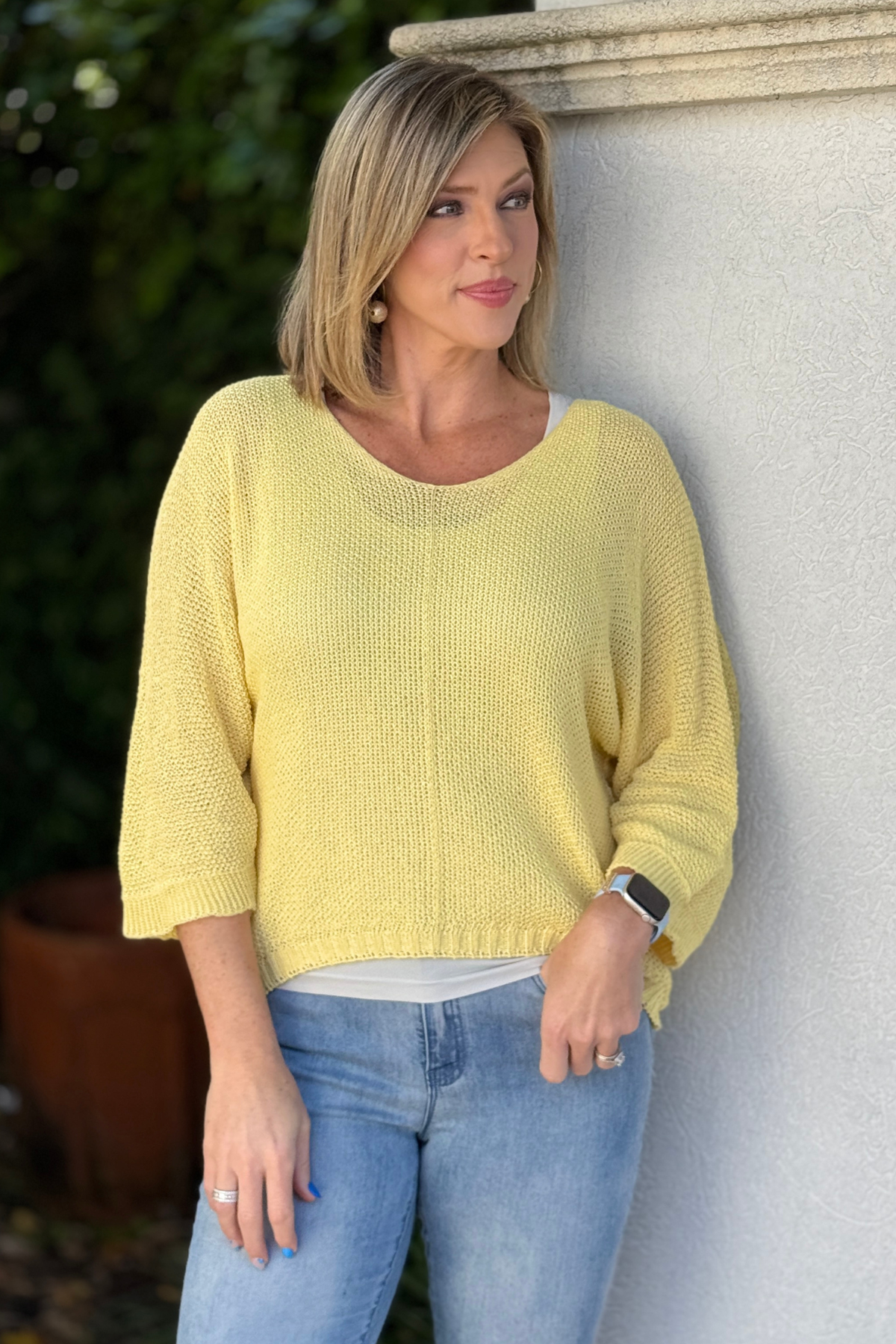 yellow open knit top front view