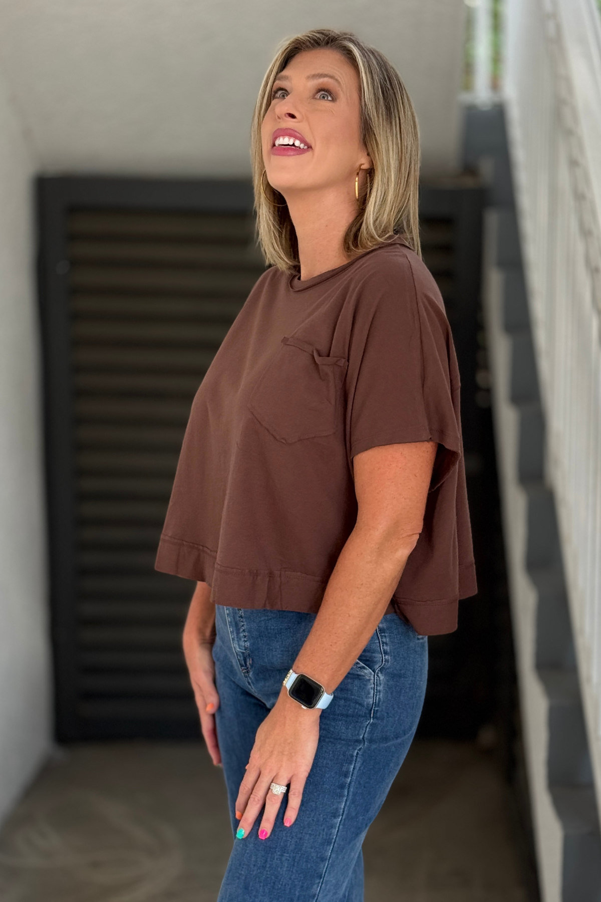 Everyday Edit Pocket Top chocolate brown back view