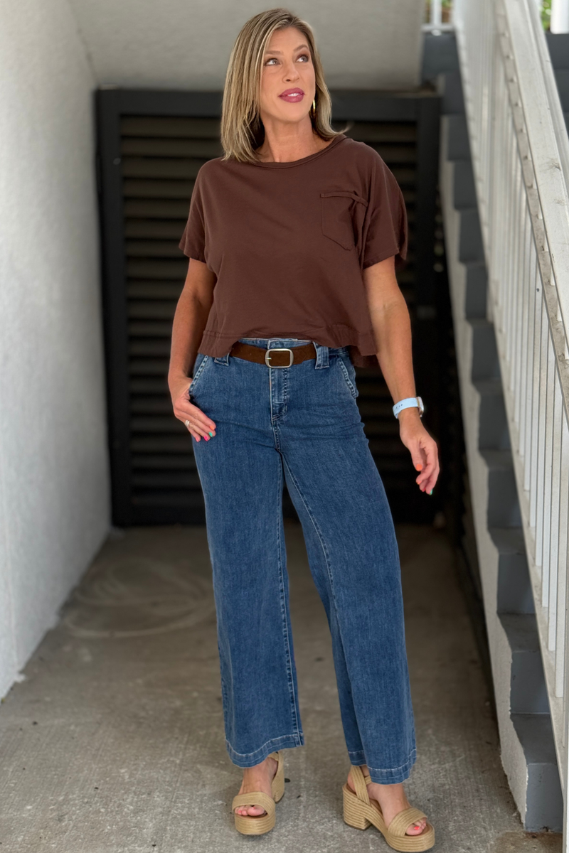 Chocolate brown short sleeve pocket top for women