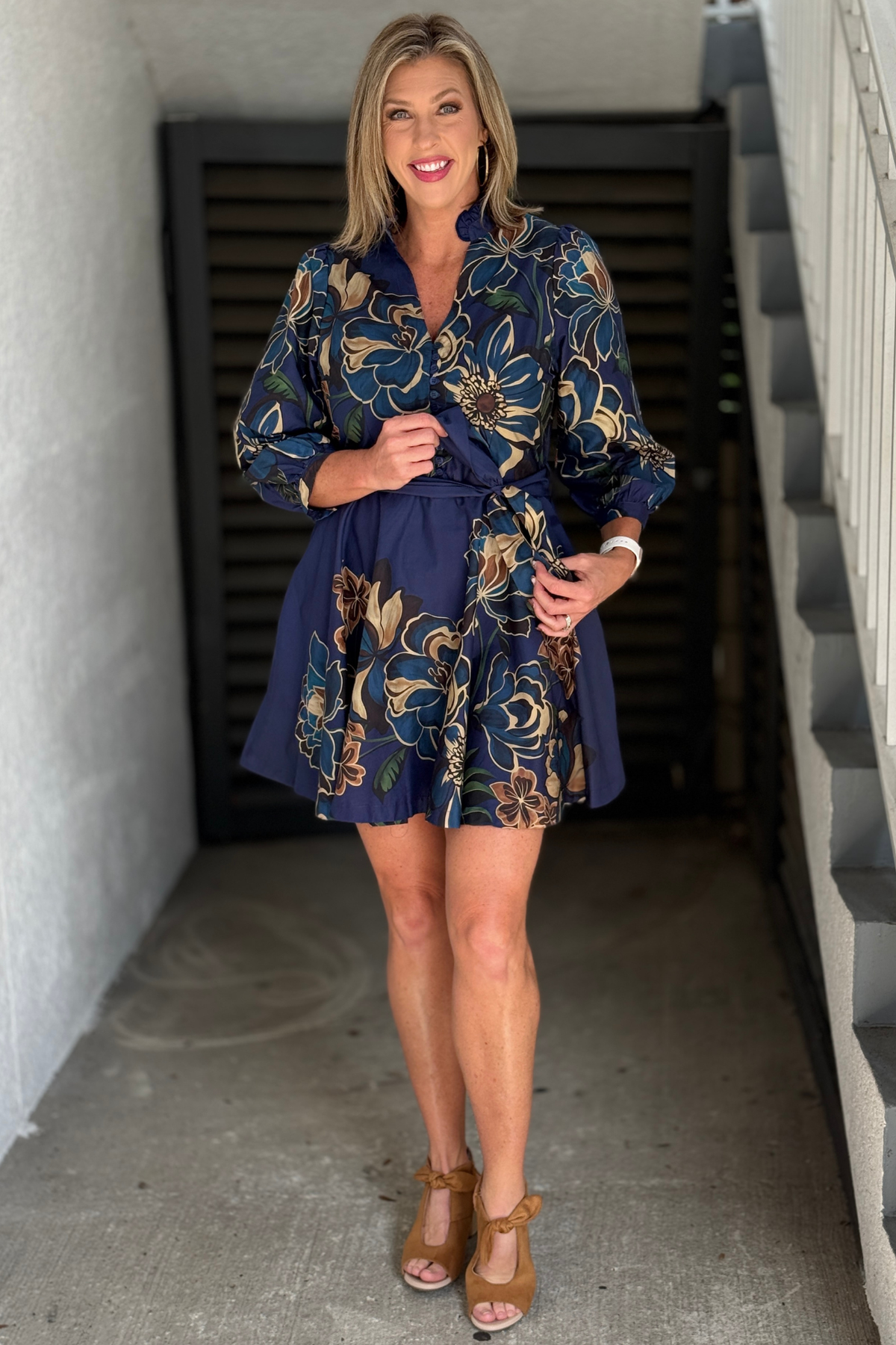 Zenara navy floral cotton dress with self-tie waist and pockets
