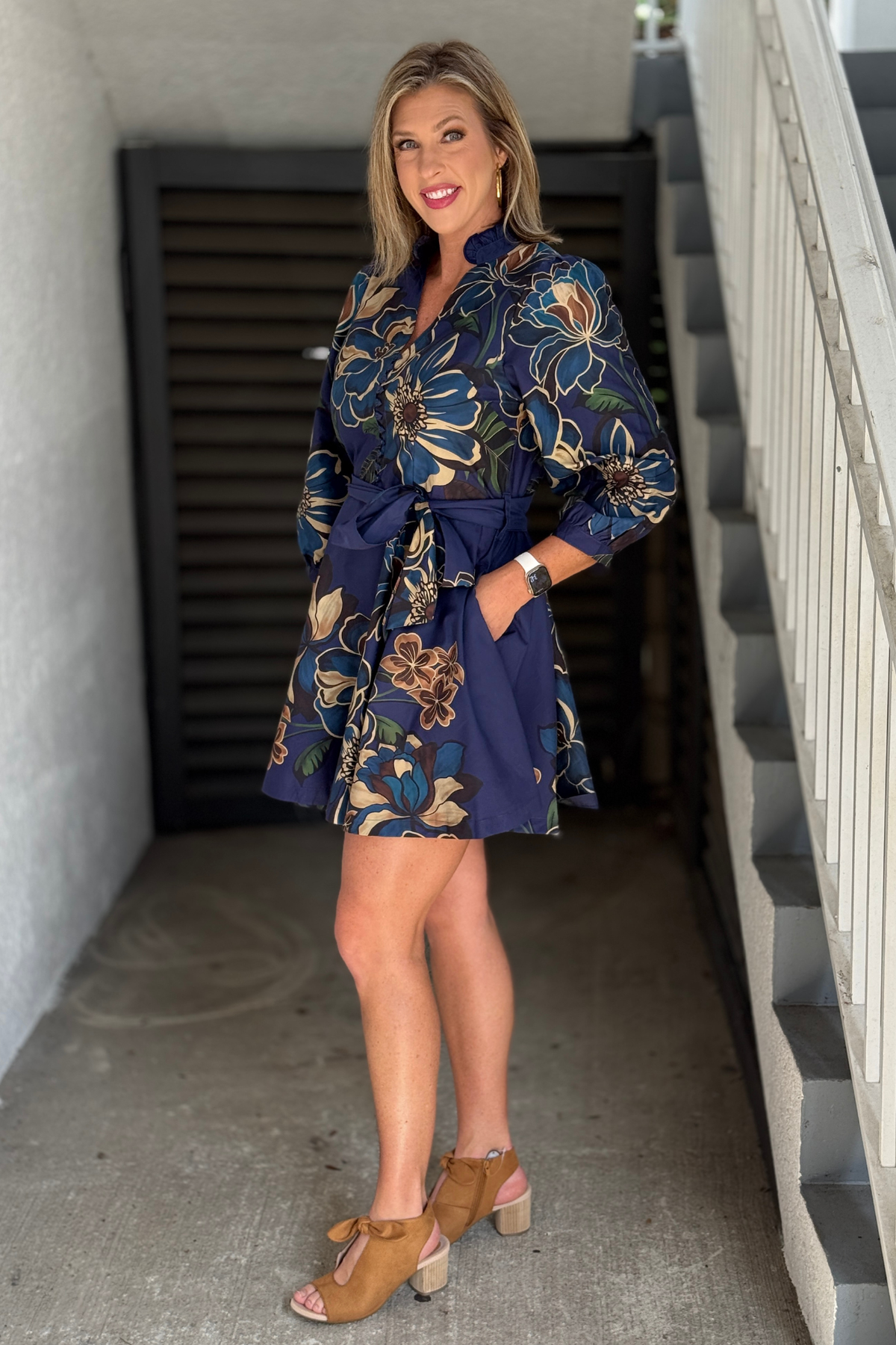 Zenara floral fall dress in navy teal cream and brown