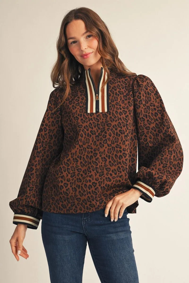 Leopard Stripe Trim Quarter Zip Thermal Top – Brown