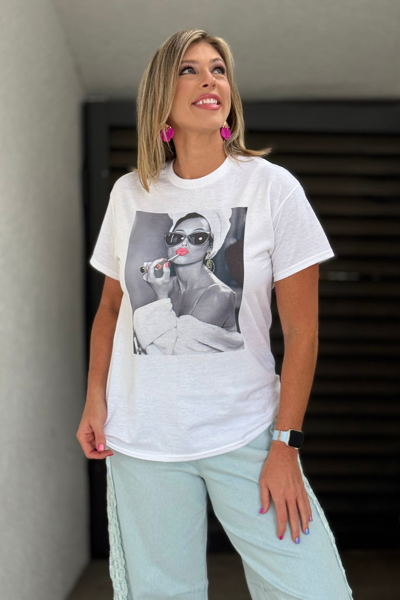 White graphic t-shirt with fashion illustration