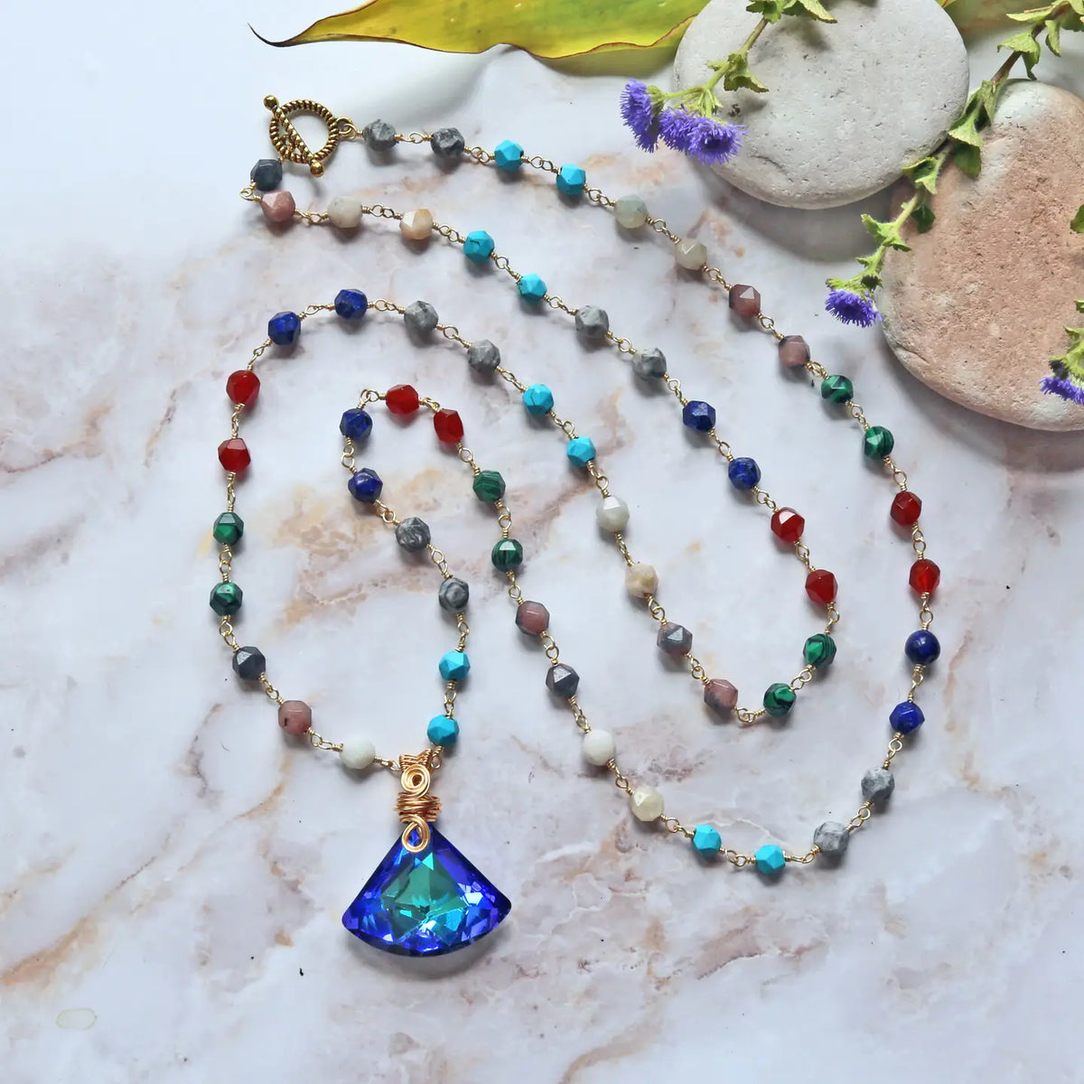Fan Shaped Crystal Pendant in Multi-Gemstone Necklace