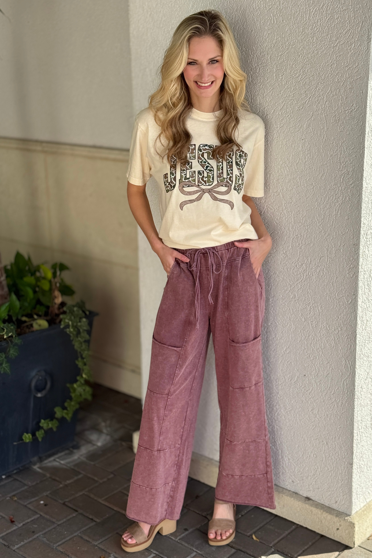 Burgundy mineral wash lace up high waist pants