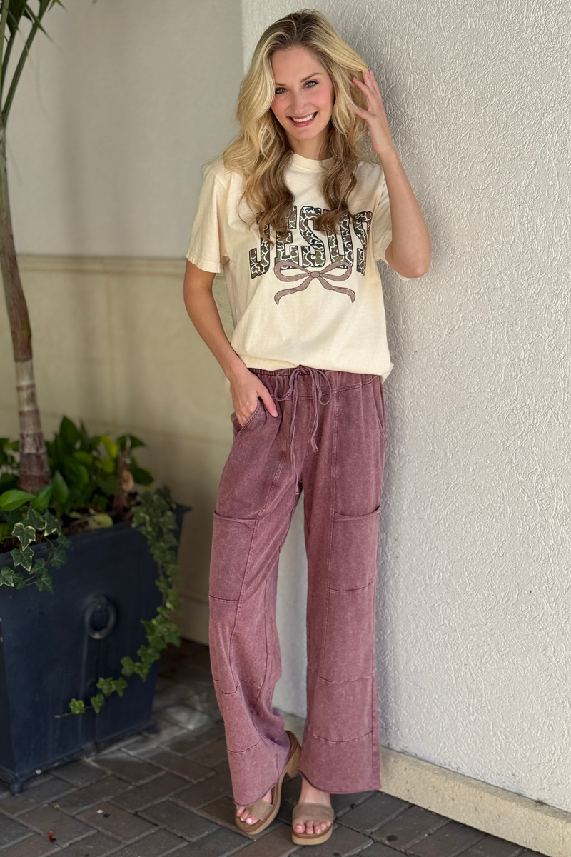 Wide leg burgundy pants with patch pockets