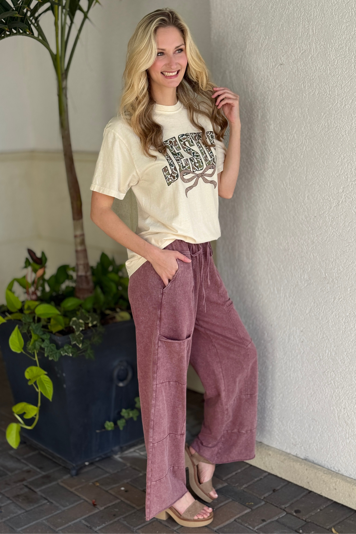 High waist casual burgundy wide leg pants