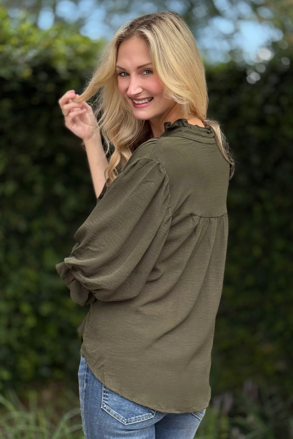Back view of blouse with rounded yoke and relaxed fit – Chic Essence Balloon Sleeve Blouse