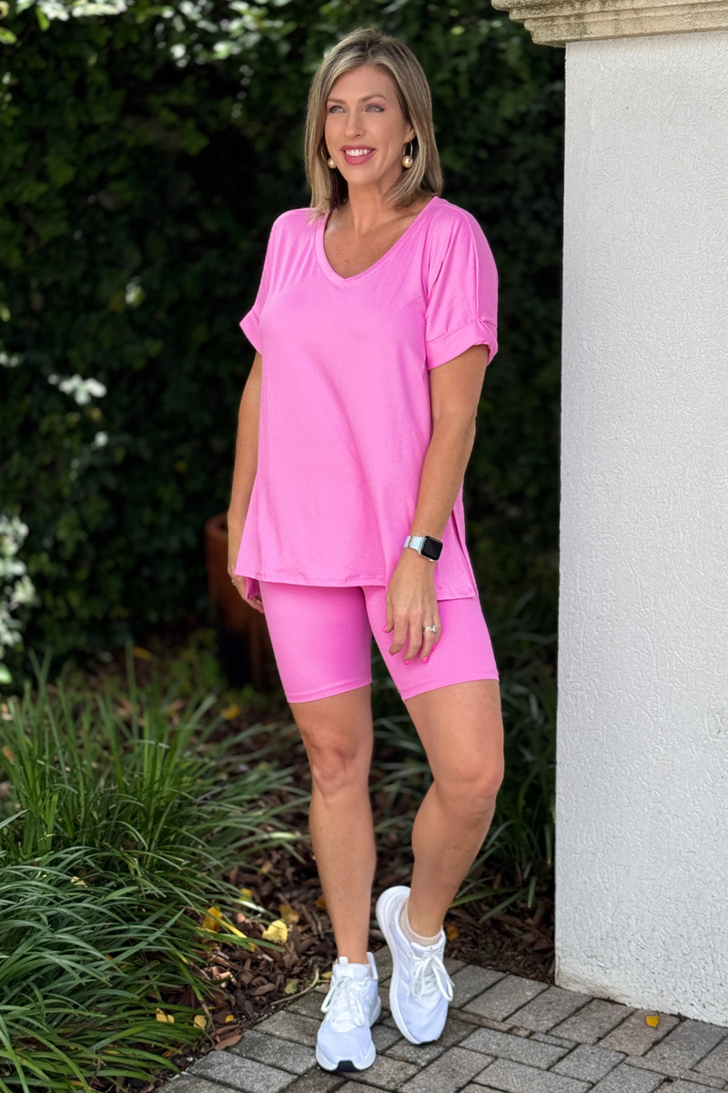 Pink athleisure two piece biker set for women