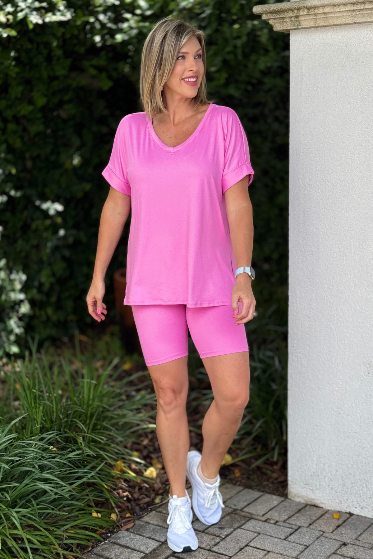 Buttery soft pink lounge set with biker shorts