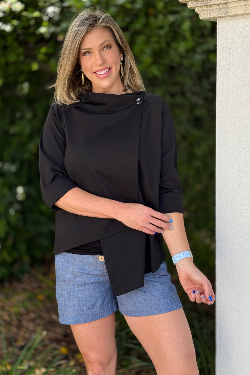 modern black jacket blouse with envelope front detail