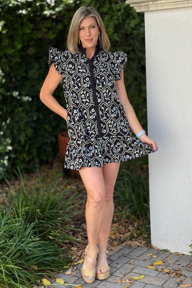floral embroidered black mini dress with flutter sleeves