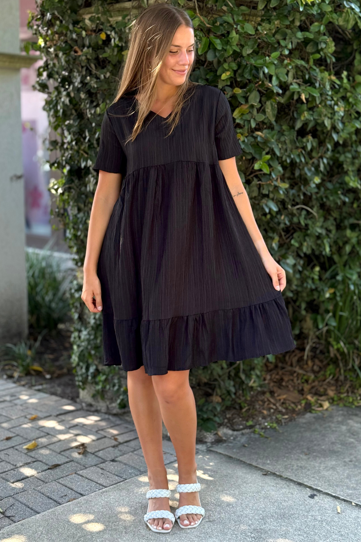 The Effortless Charm Textured Dress in Black