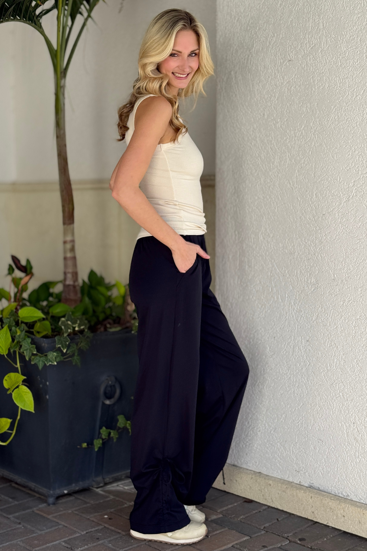 Sustainable recycled fabric wide leg pants styled casually