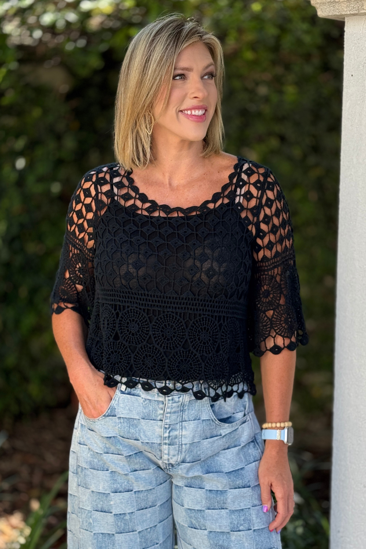 Coastal Crochet Top in Black with coordinating cami underneath