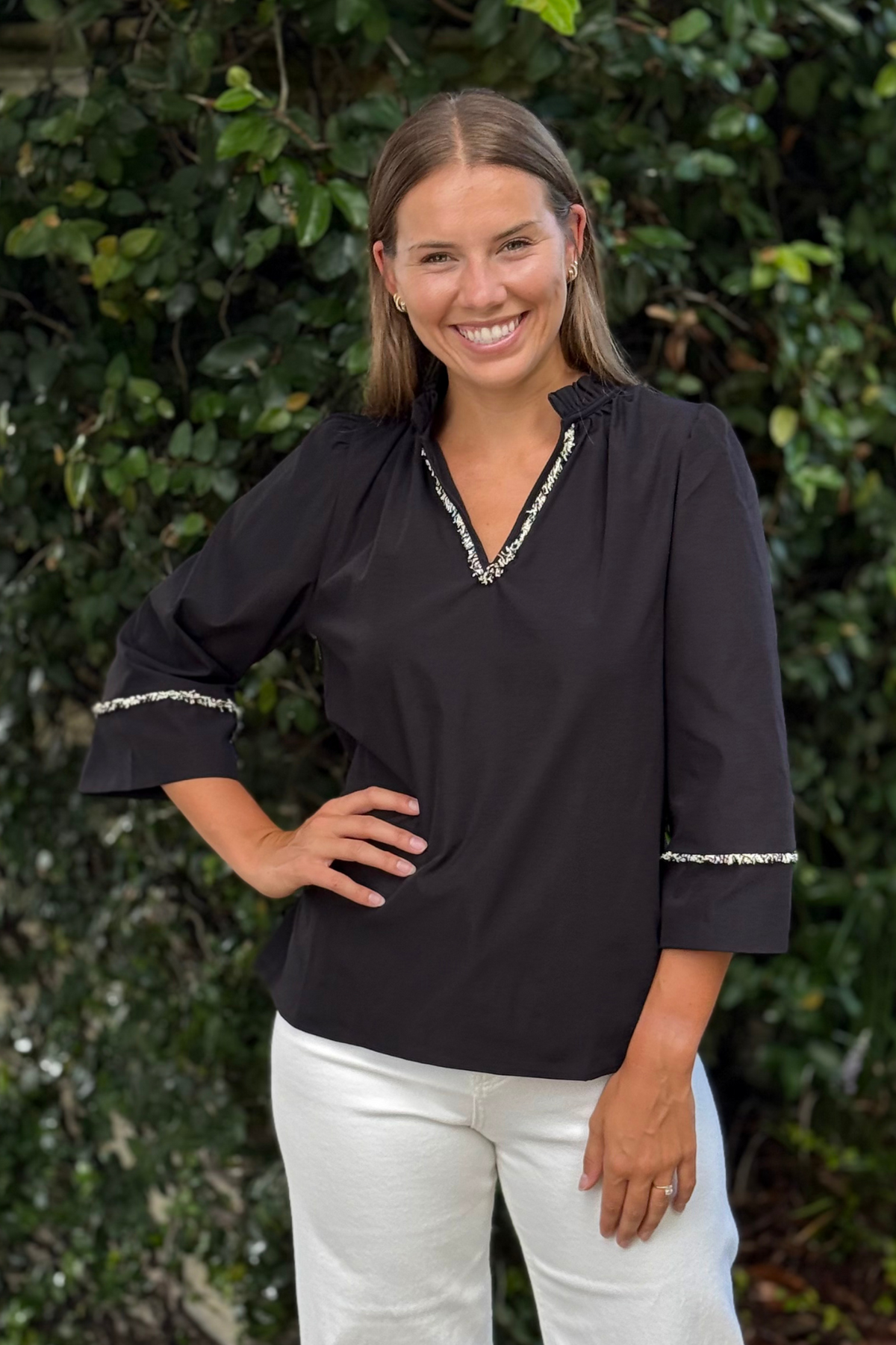 Midnight Fringe Ruffle Neck Blouse