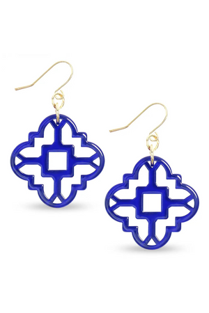 Pair of Modern Resin Acrylic Mosaic Earrings in royal blue with mosaic tile design and fish hook closure.