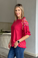 Scarlet Linen Blend Top Embroidery Bell Sleeve Top