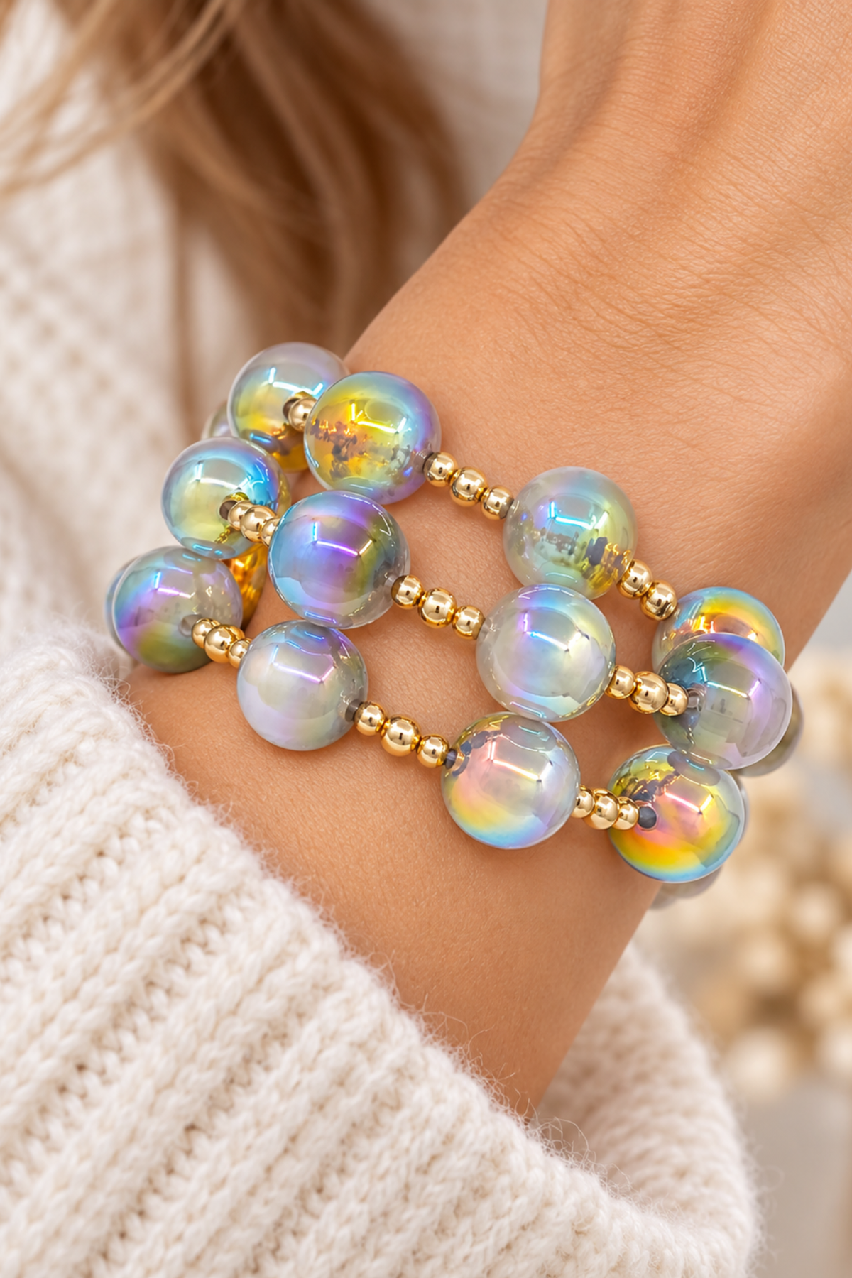 Iridescent grey 16mm beaded stretch bracelet