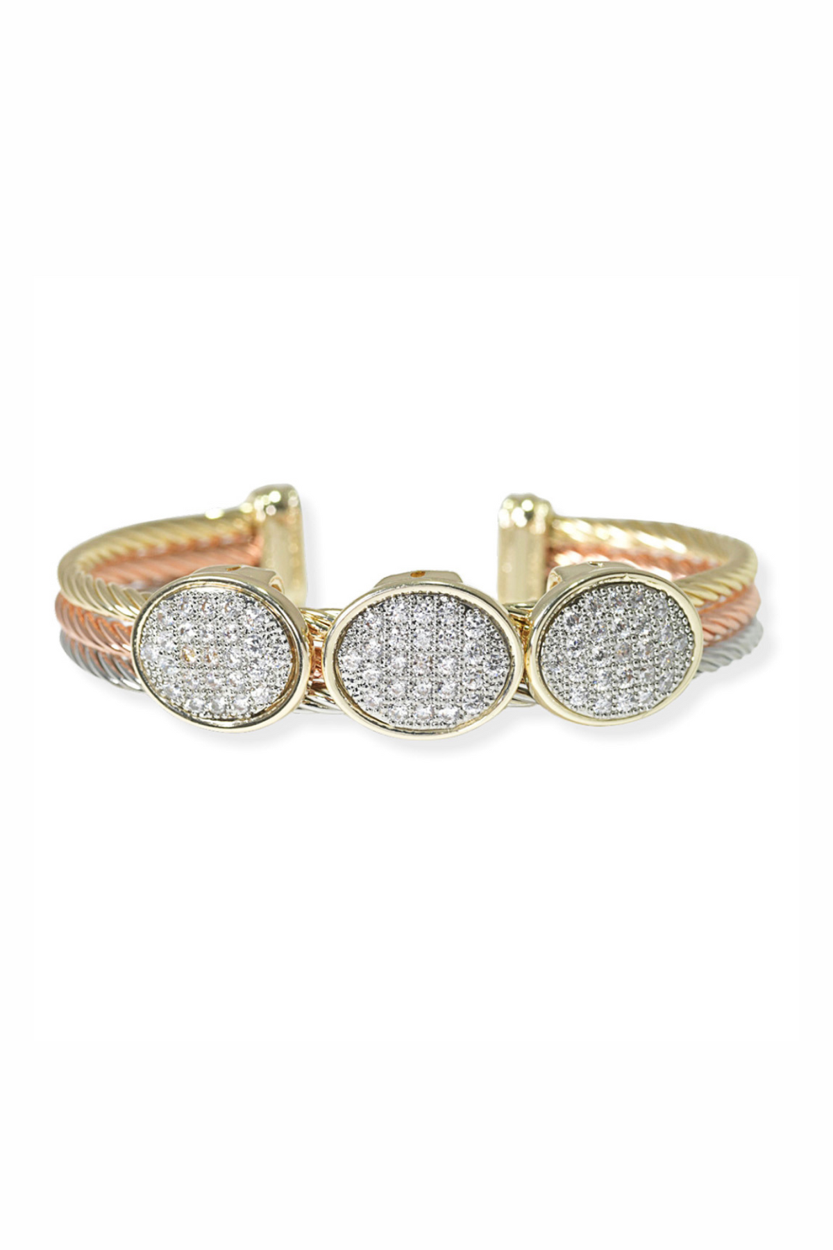 Triple Oval Shape Cubic Zirconia Accent Designer Inspired Cuff Bracelet