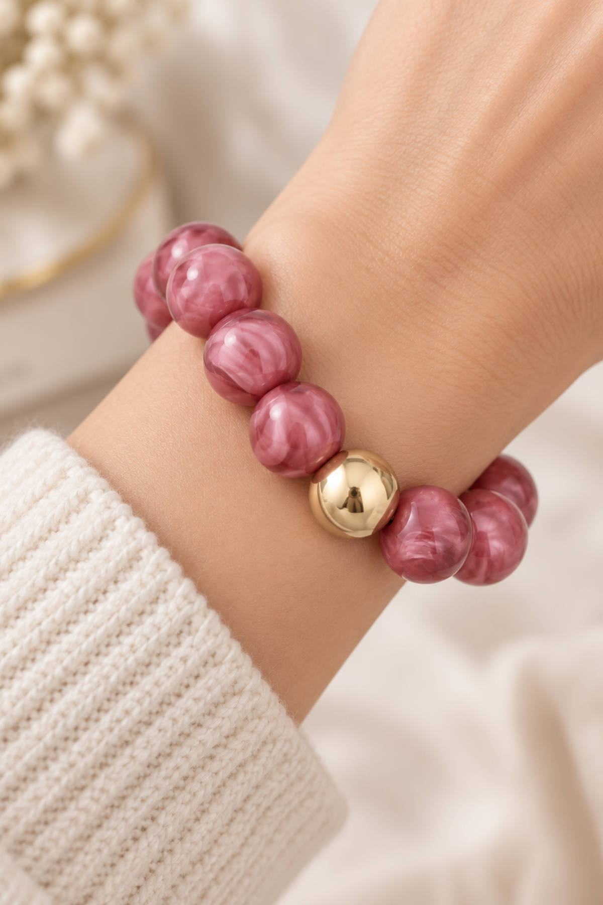 Pink Marble Beaded Stretch Bracelet with Gold Accent