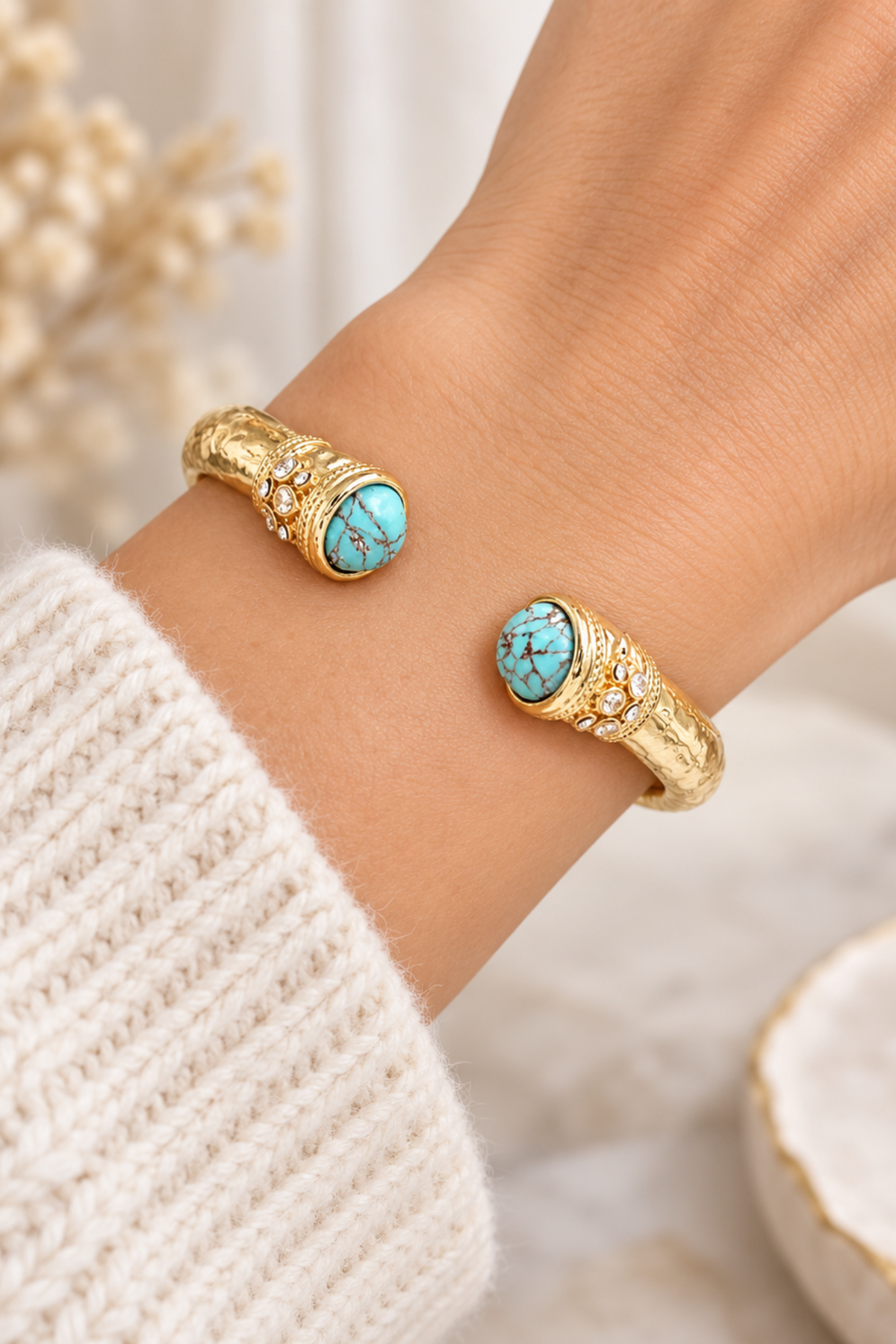 Turquoise and crystal gold hinged cuff bracelet