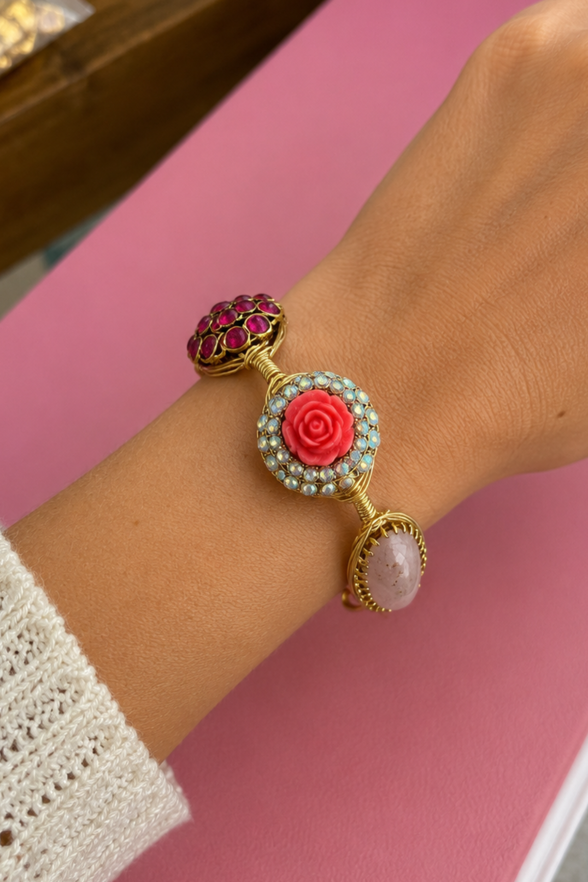 The Glamour Girl Berry Rhinestone Gold Bangle - 8"