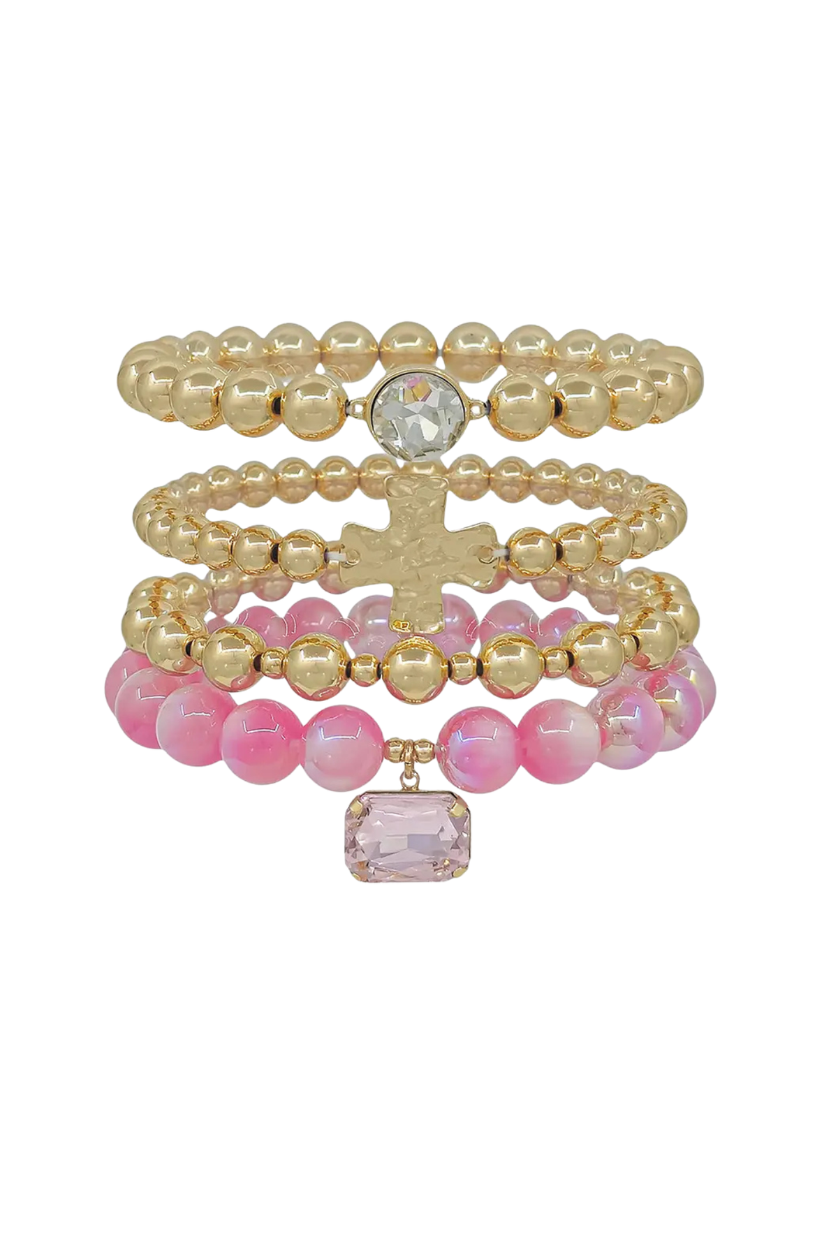 pink and gold beaded bracelet set with cross charm and crystal accents