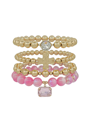 pink and gold beaded bracelet set with cross charm and crystal accents