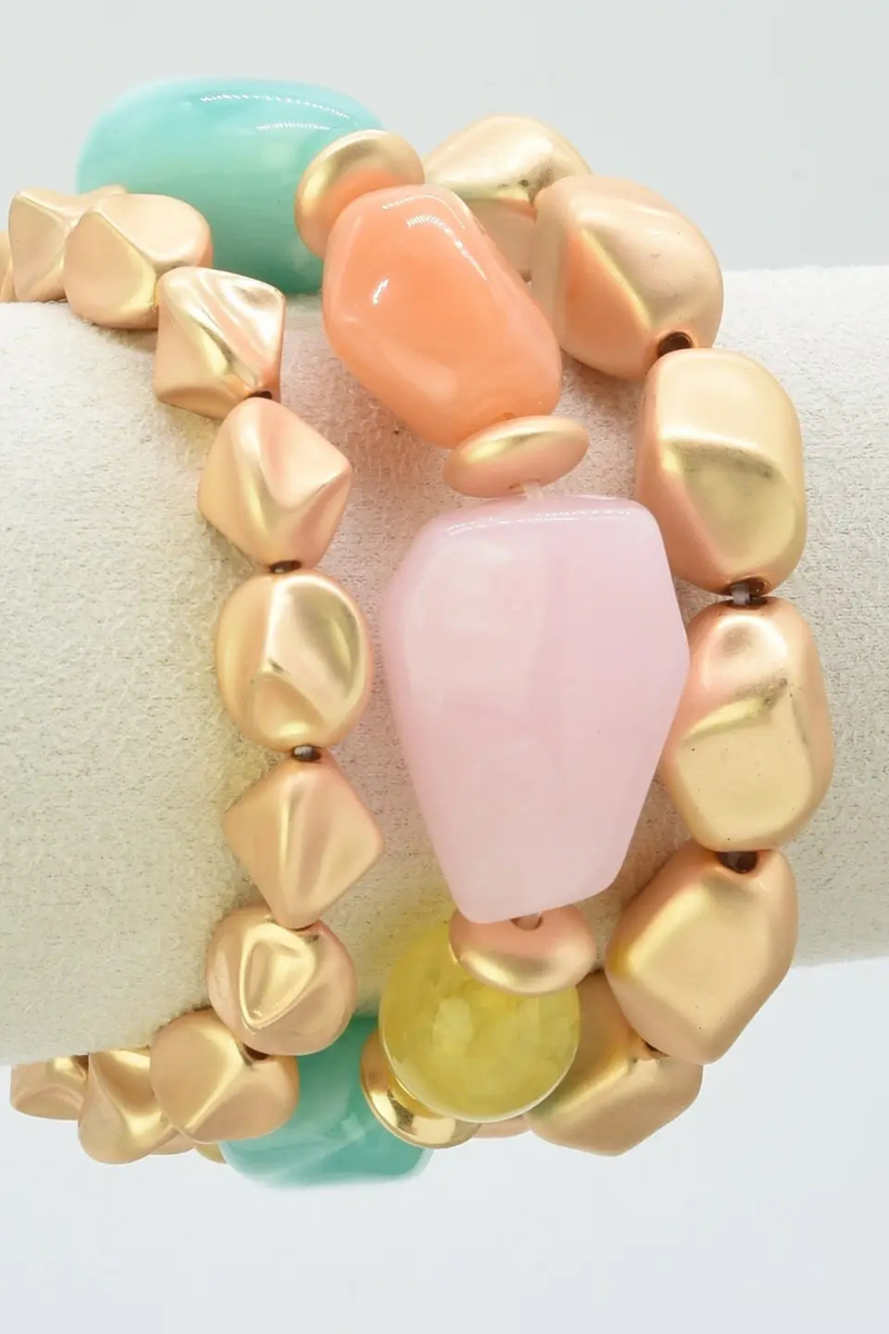 Colorful multi-tone stretch bracelet set with matte gold beads