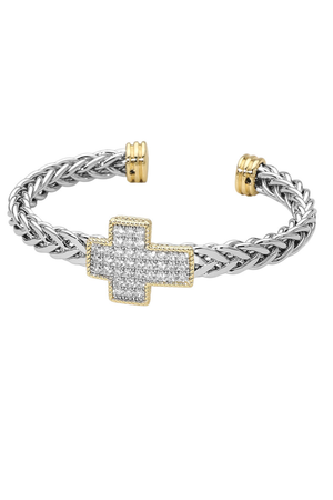 Two-tone braided cuff bracelet with CZ-studded cross accent