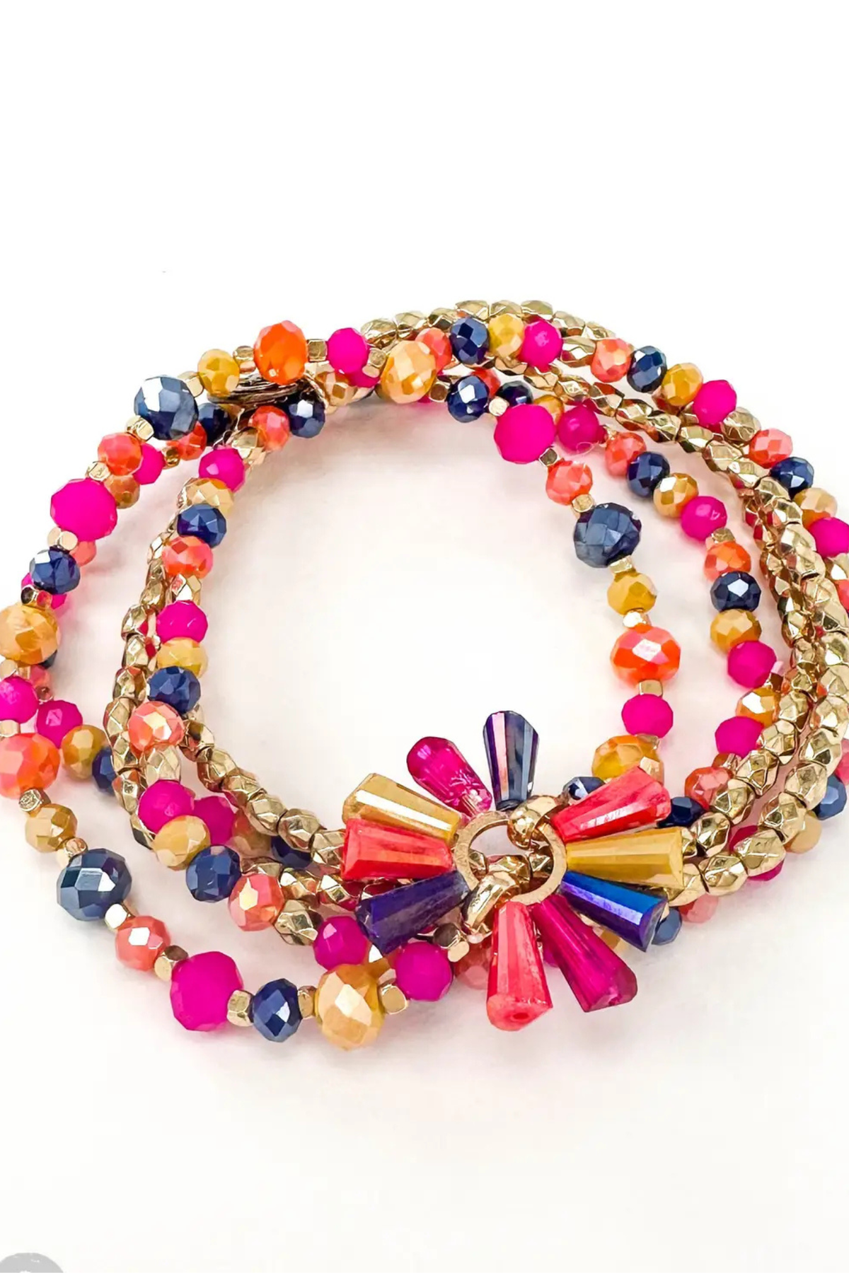 Sunburst fluted bead wrap bracelet in bright multi color with gold accents