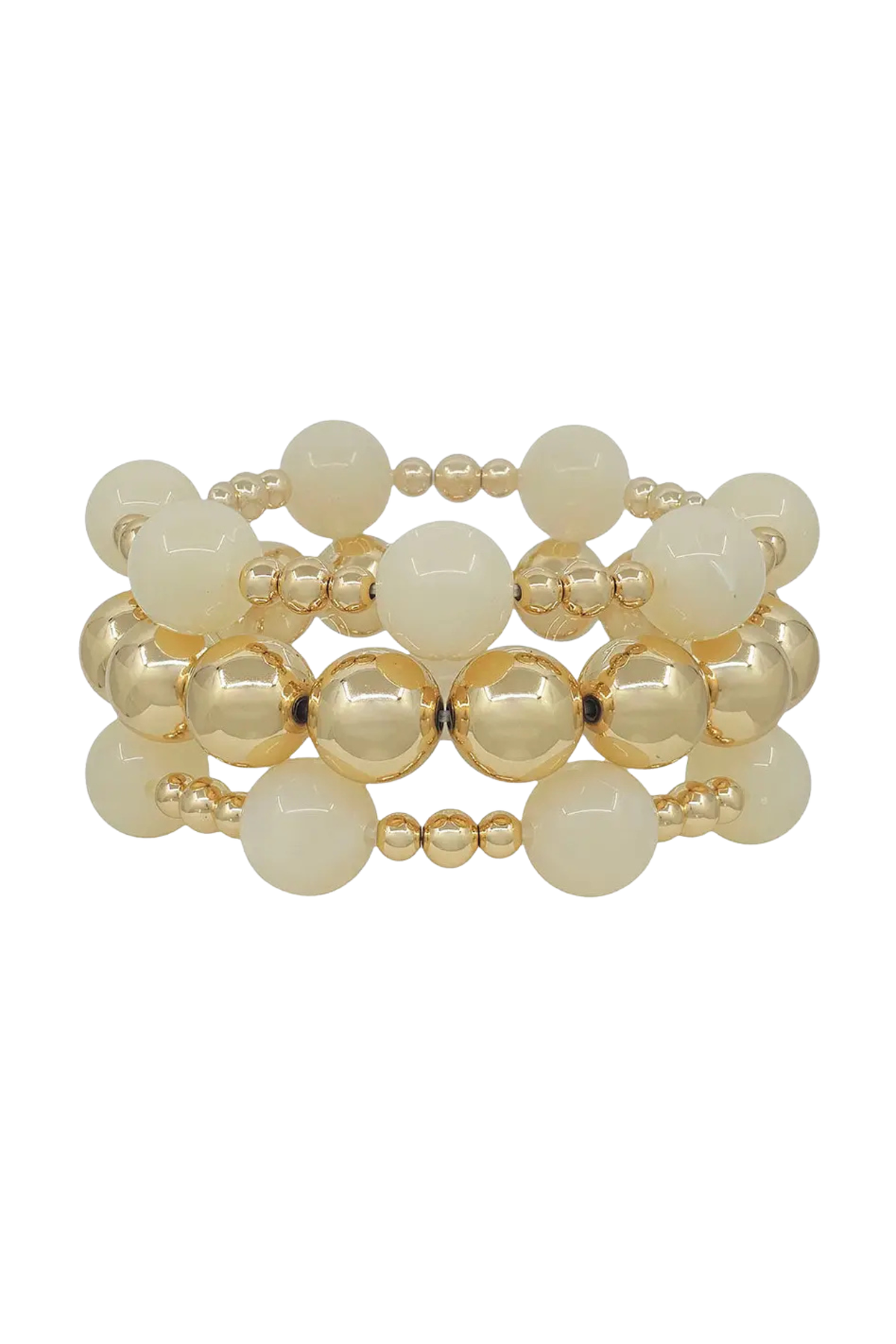 gold and white beaded stretch bracelet stack