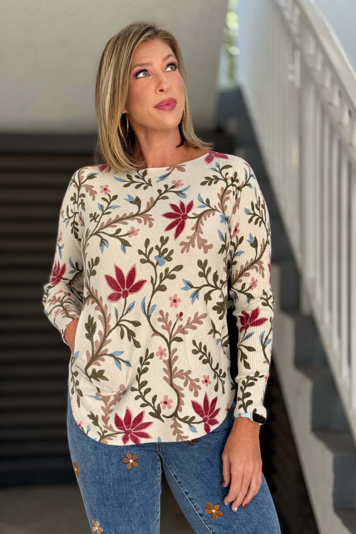 Charlie B Floral Print Pocket Sweater front view