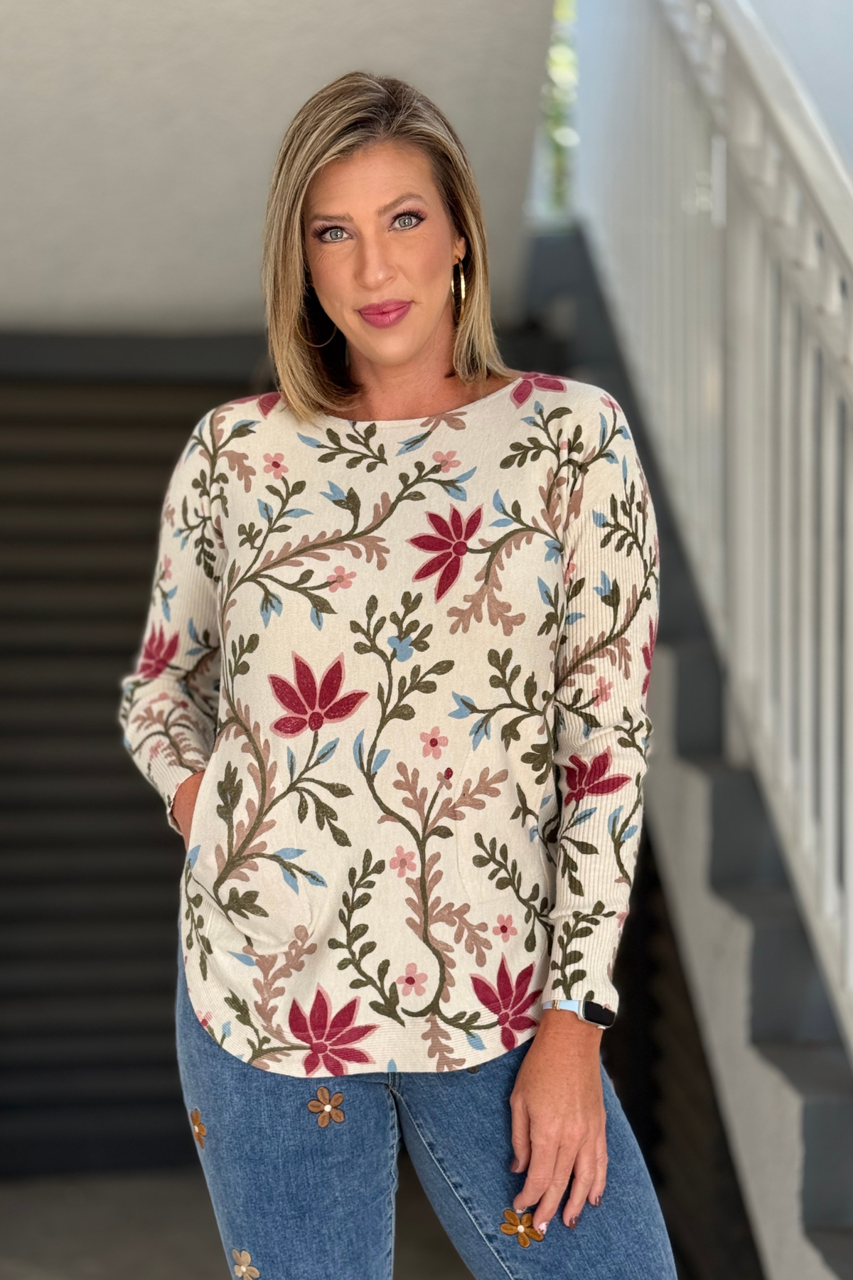 Charlie B women's floral sweater with patch pockets