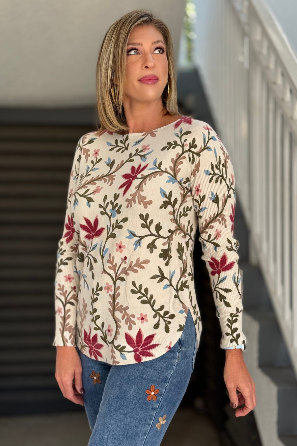 Charlie B botanical print sweater in cream burgundy and olive