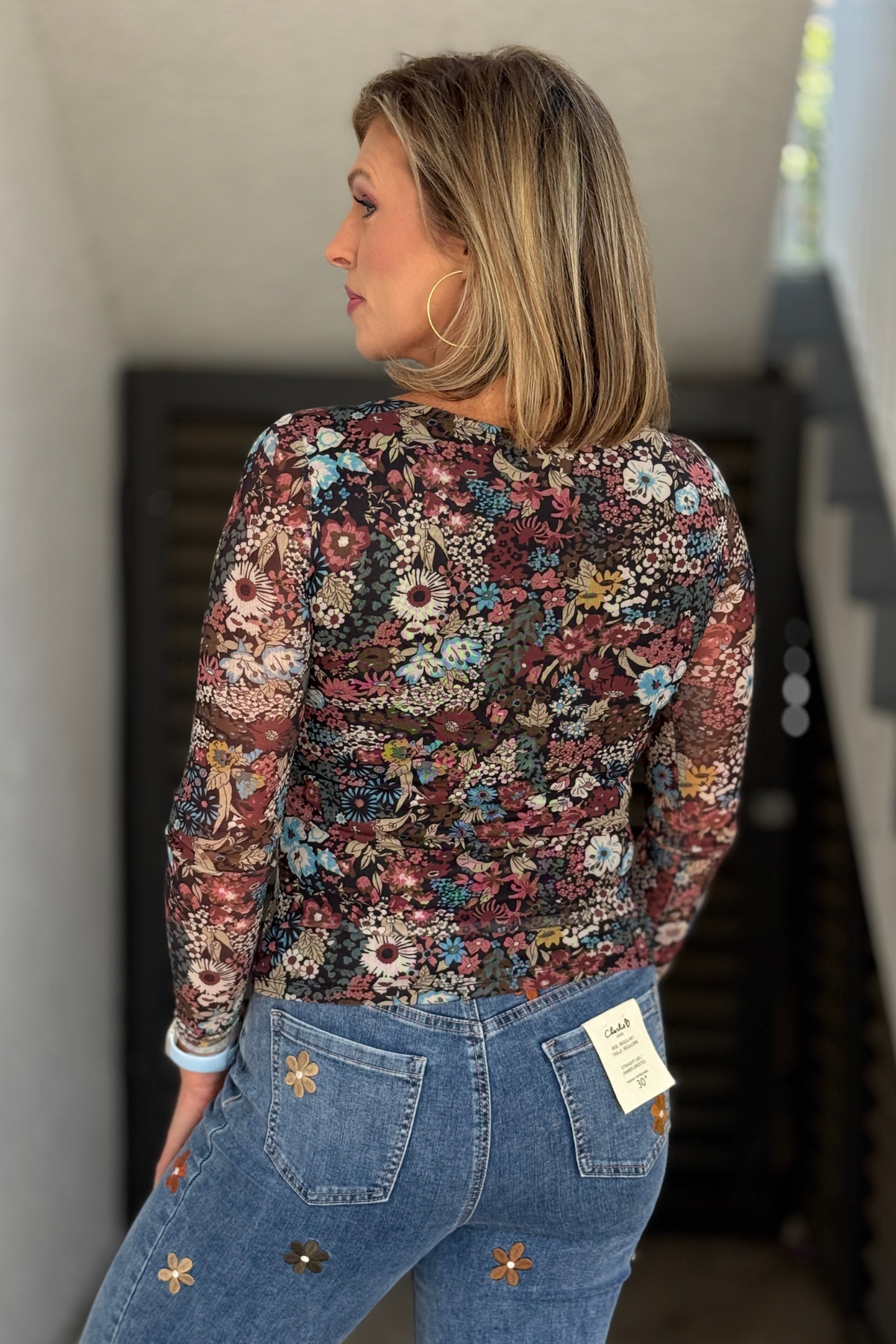 Back view of Charlie B Azalca floral mesh top