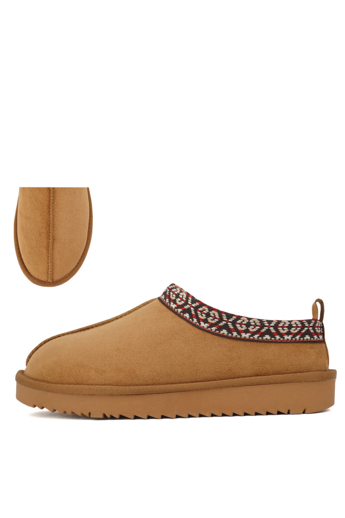 Cozy Tan Mule with Patterned Trim
