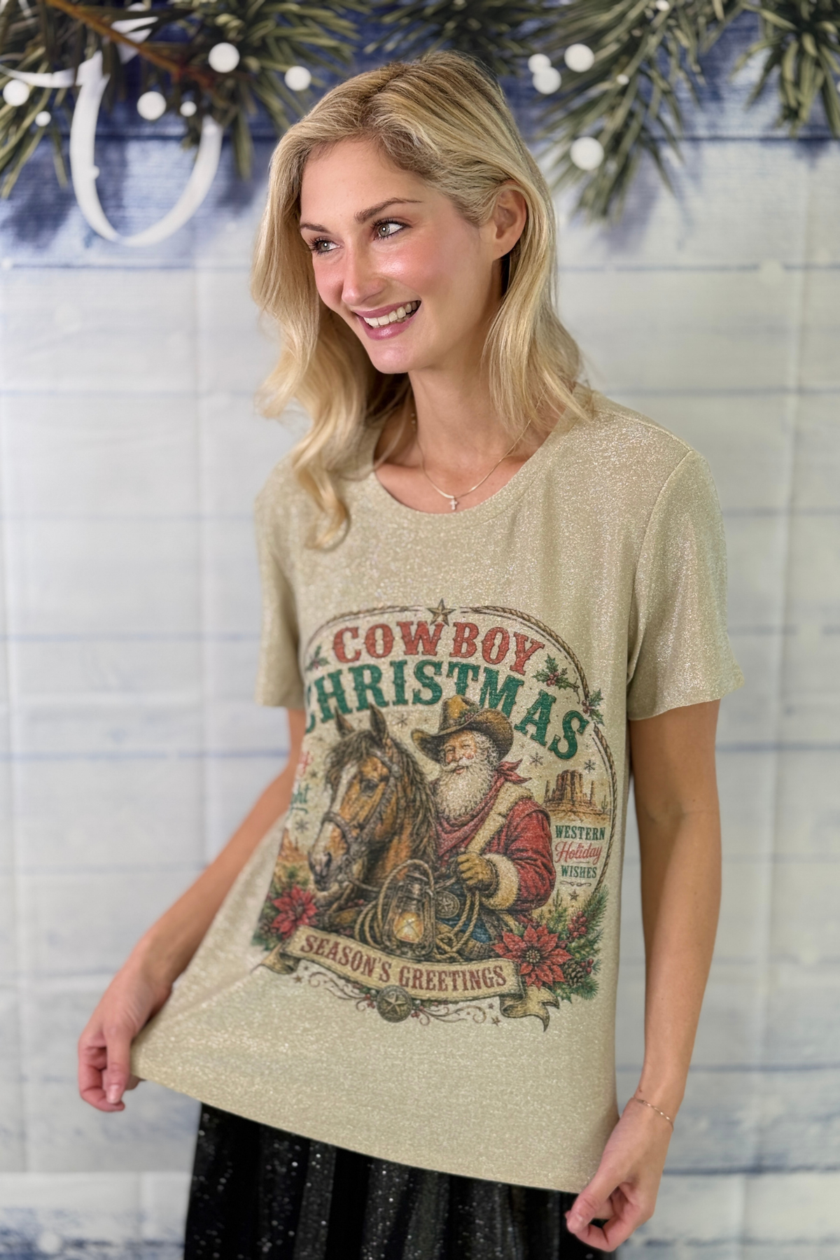 Western Santa Christmas shirt with horse graphic