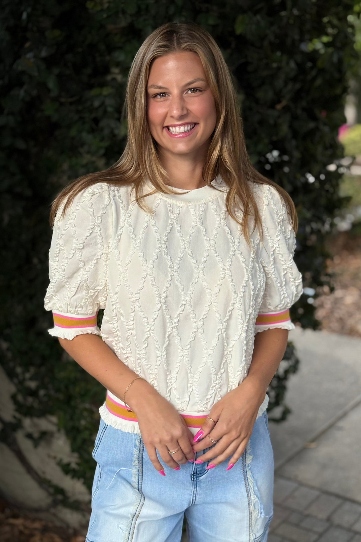 The Diamond Puff Knit Top in Cream