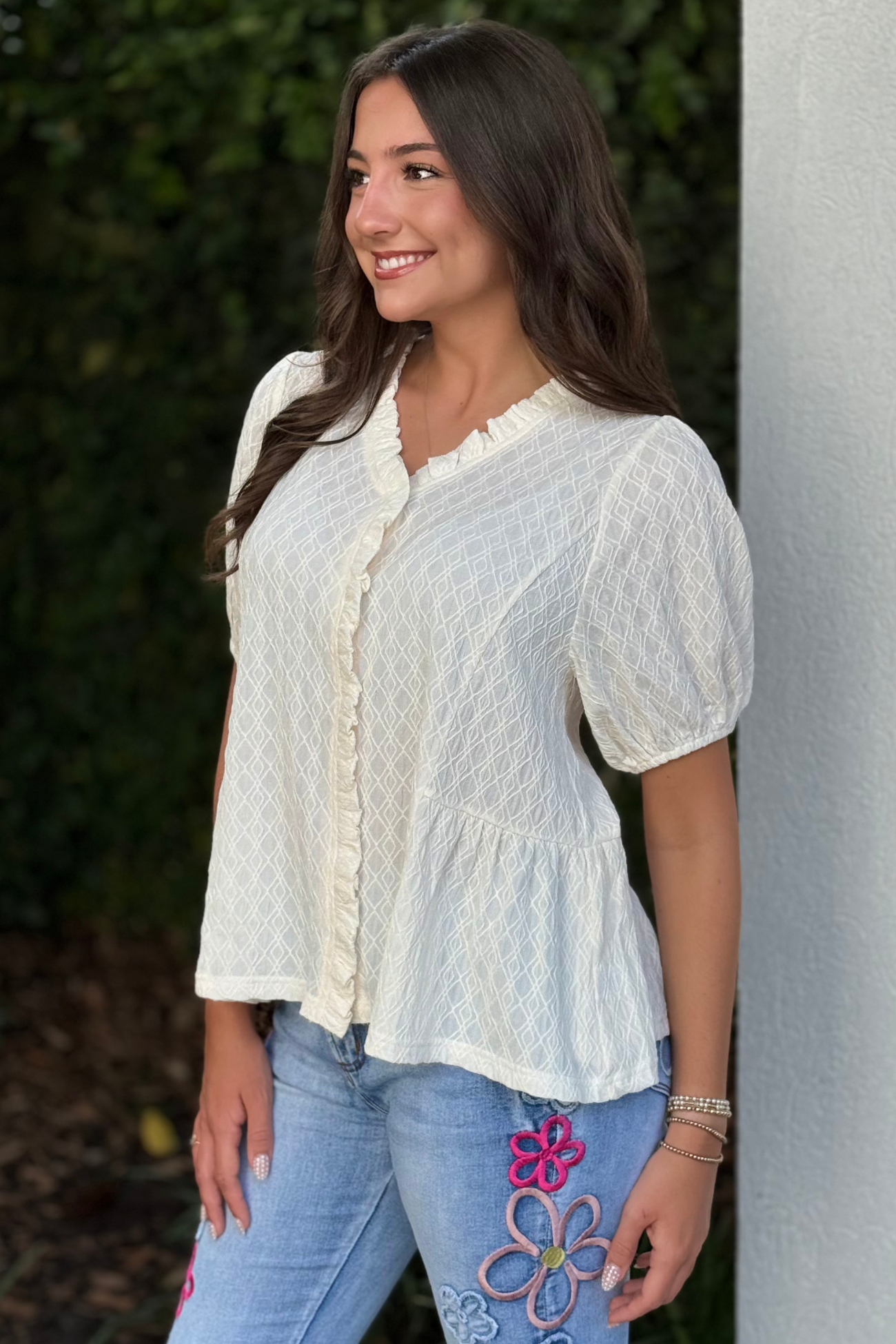 cream ruffle blouse