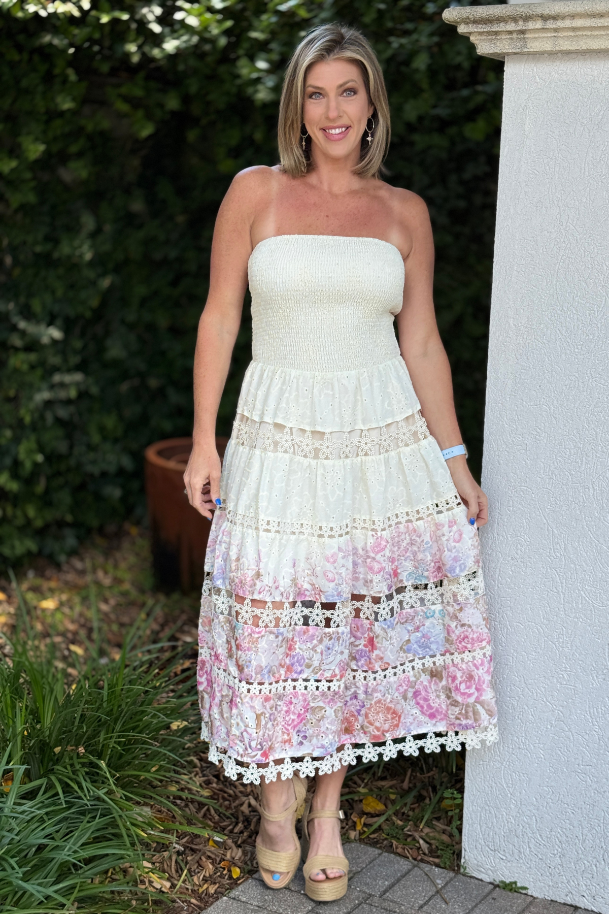 romantic tiered midi dress with lace trim detail