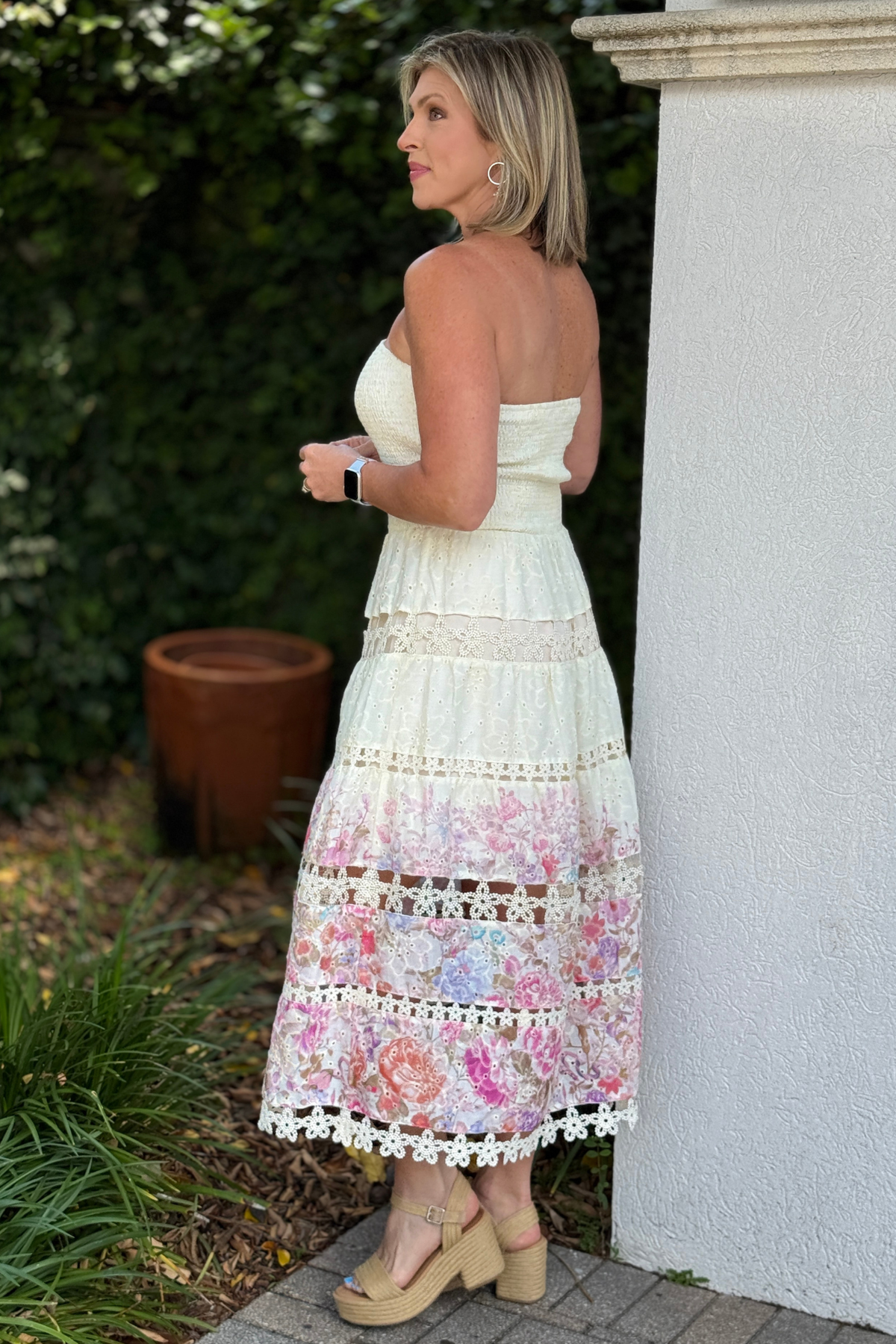 elegant strapless midi dress with vintage floral print