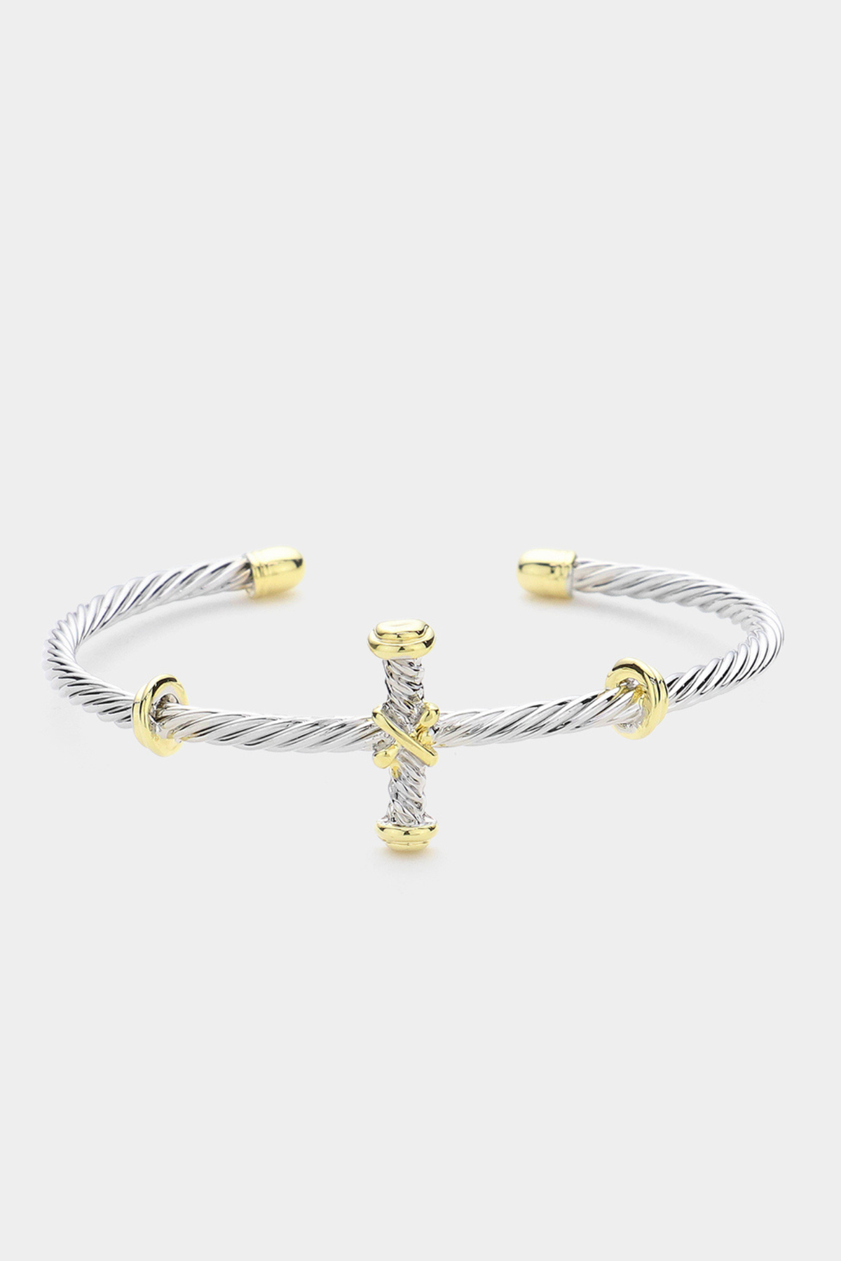 Two-tone cable cuff bracelet with gold cross accent