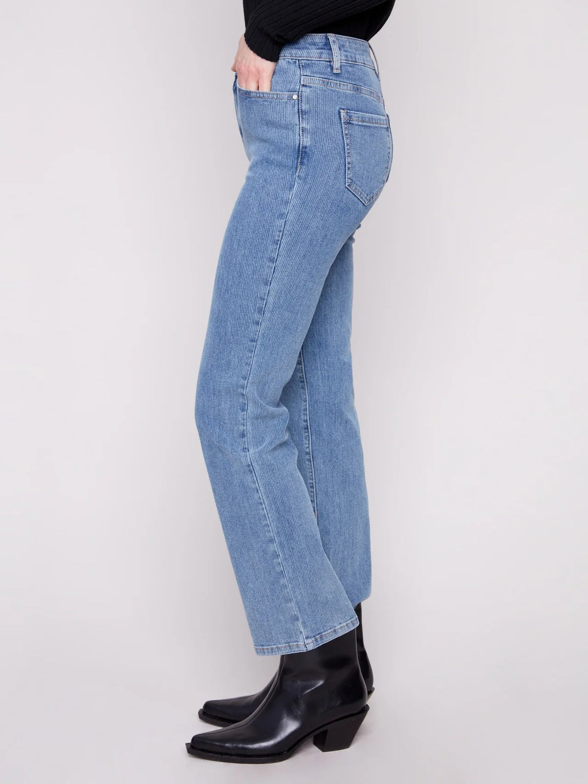 Side view of Charlie B stretch corduroy pants in Denim
