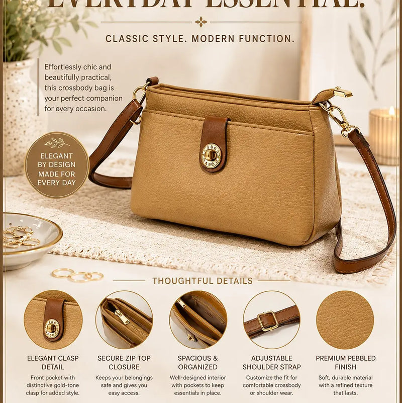 Women’s saddle crossbody purse with gold turn-lock clasp
