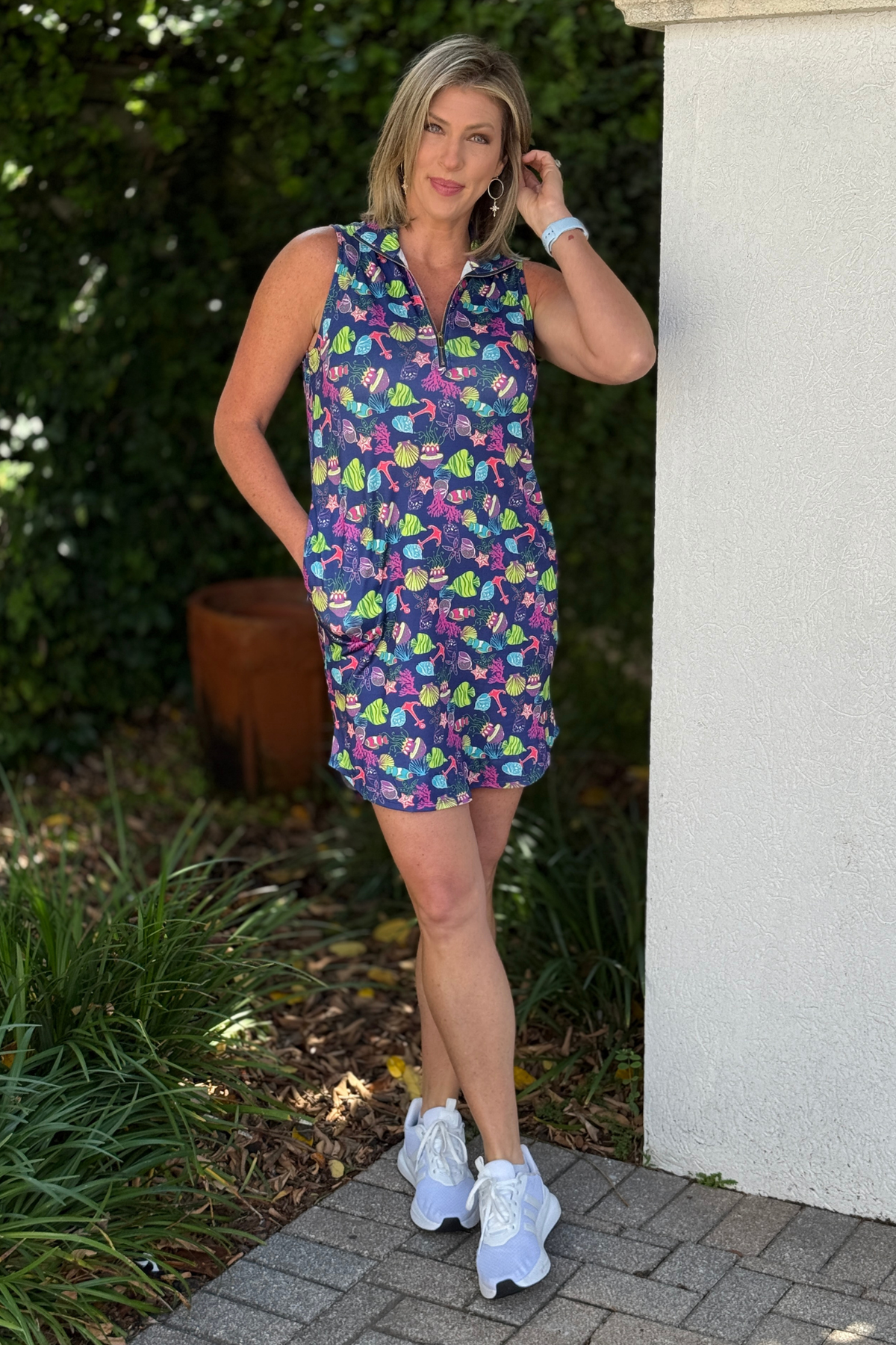 coastal print tennis dress women sleeveless collared neckline