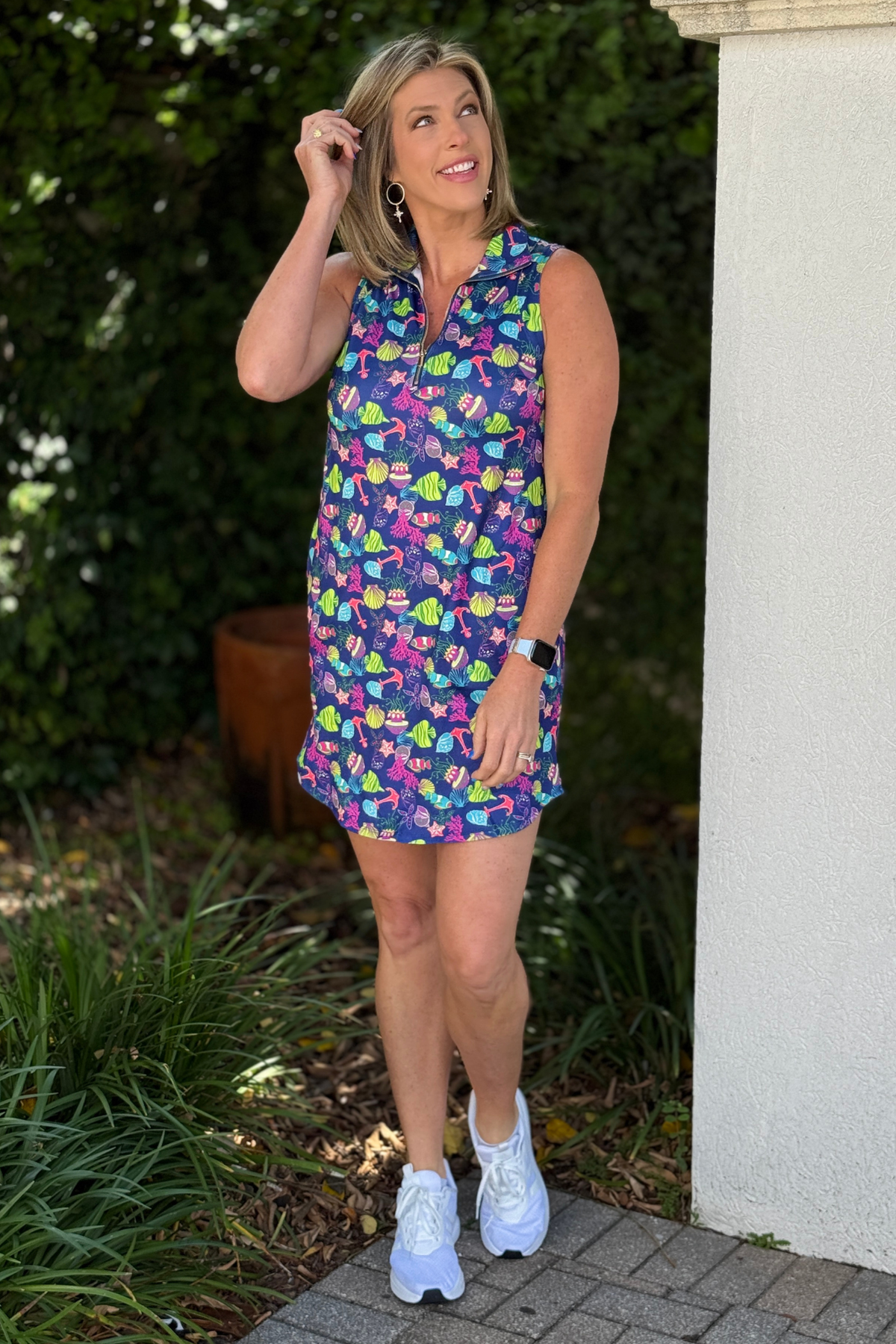 navy seashell print wrinkle free sleeveless dress zip front