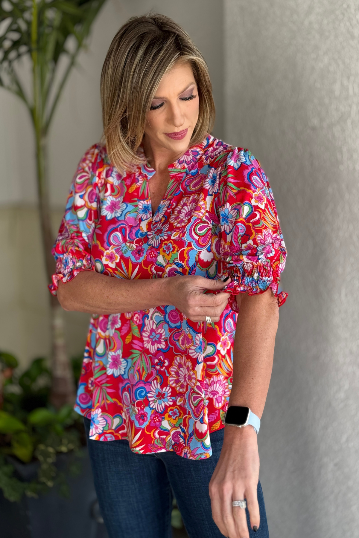 TPN Collection red floral mandarin collar top