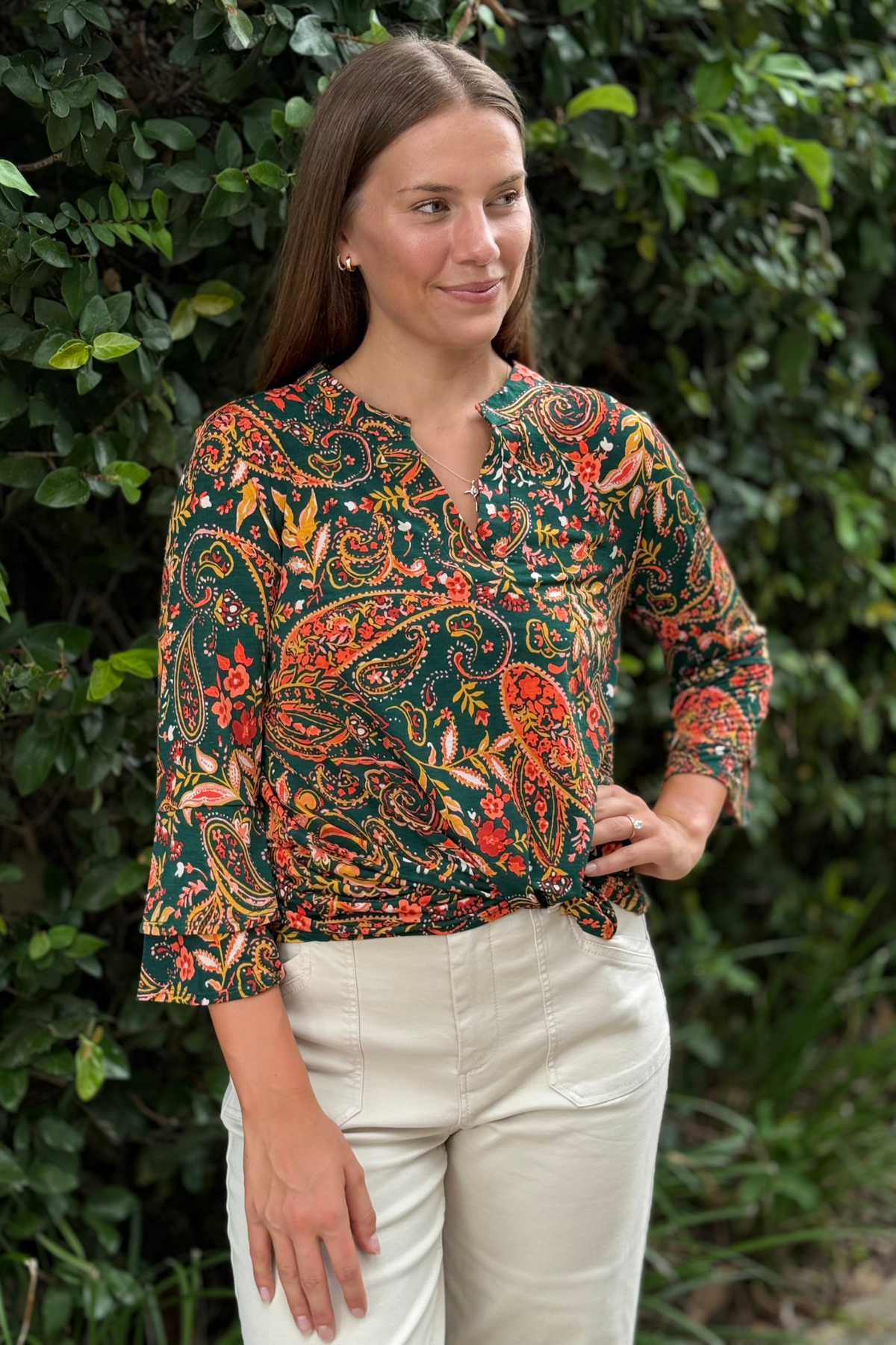 TPN Autumn Paisley Split Neck Top in Hunter Green